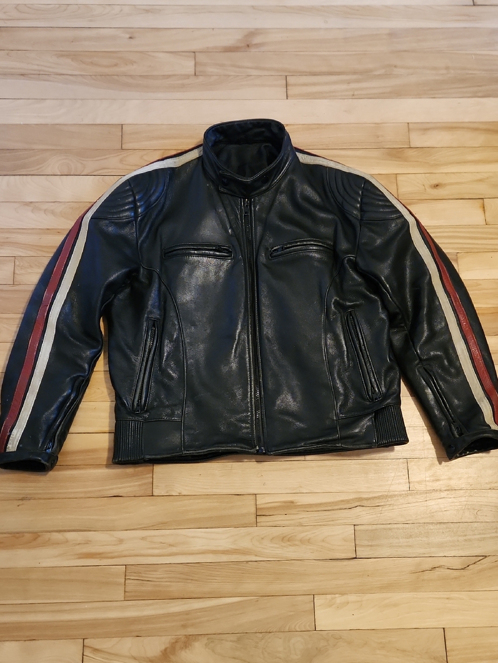 Men's Black Motorcycle Leather Jacket with Striped Sleeves
